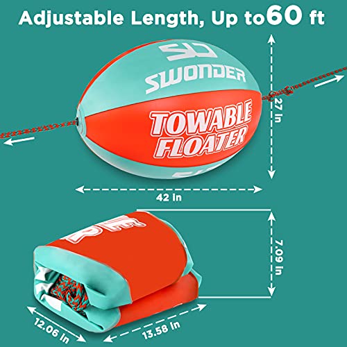Swonder Water Sports Floater for Boating, Towable Float Ball (42in x 27in) with 60ft Rope for 1-4 Rider Towable Tubes, Boating Accessories for Boats to Pull