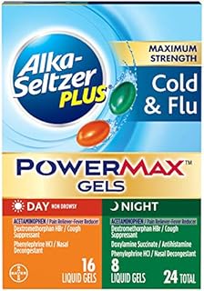 Alka-seltzer Plus Cold & Flu, Power Max Cold and Flu Medicine, Day +Night, For Adults with Pain Reliever, Fever Reducer, Cough Suppresant, Nasal Decongestant, Antihistamine, 24 Count