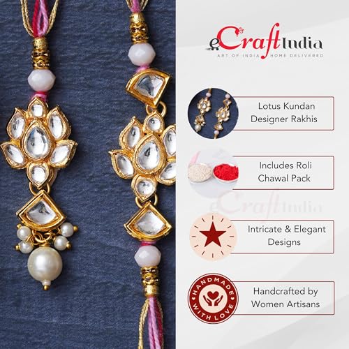Image of eCraftIndia Set of 2 Lotus Floral Kundan Designer Rakhis, Best Bro Ever Fridge Magnet with Roli Chawal Pack - Rakhis for Brother, Bhabhi, Kids