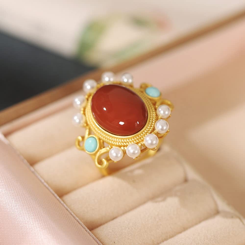 Anello In Argento 925 Da Donna,Anello Regolabile Per Donna Southern Onyx Ovale In Argento Sterling 925 Perle Intarsiate Retrò Placcato Oro Anelli Nocche In Pietra Naturale Matrimonio Gioielli Per L