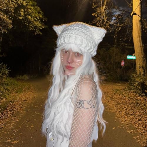 Cartoon Kitten Hat Girls Headgear for Outdoors Activities Skiing with Ears Crocheted for Skiing Camping White4