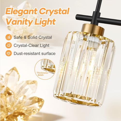 Image of Modern Crystal Bathroom Vanity Light Fixtures, 2-Light Black and Gold Bathroom Wall Sconce Lighting for Over Mirror, Clear K9 Crystal Shades, E26 Base, Bulbs Not Included