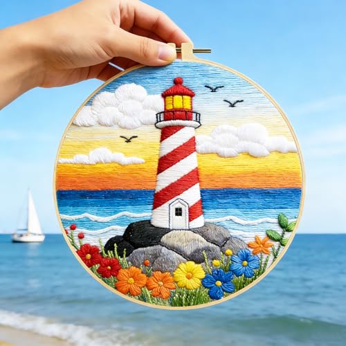 Image of BEUNITONE 6 Set Beginner Embroidery Kit for Adults with Pre-Printed Washable Lighthouse Pattern, DIY Needlepoint Craft Kits for Cloth with Embroidery Hoop and Instruction, Funny Gifts for Home Decor