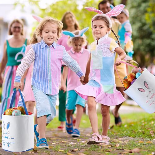Image of Talltalk 6 Pieces Easter Bunny Basket Bulk for Kids Canvas Rabbit Egg Print Bucket Tote Bags for Boys Girls Gifts Egg Hunts Decorations Favors Carry Candy Storage