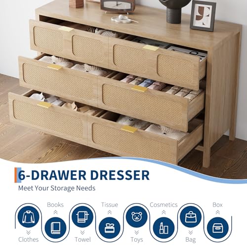 6 Drawer Dresser, Rattan Dresser for Bedroom with Metal Handles, Farmhouse Wood Storage Chest of Drawers for Bedroom, Living Room, Hallway, Entryway, Oak