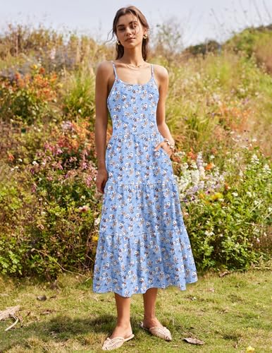 Image of Zeagoo Women's Summer Casual Sleeveless O Neck Strappy Slip Dress Beach Cover Up Long Cami Maxi Dresses with Pocket Light Blue Floral