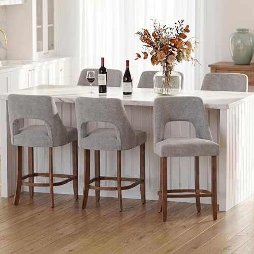 Image of UVV Bar Stools Set of 6, Upholstered Counter Height Bar Stools, Modern Counter Stools with Wood Legs for Kitchen Island Dining Room Bar, Light Grey