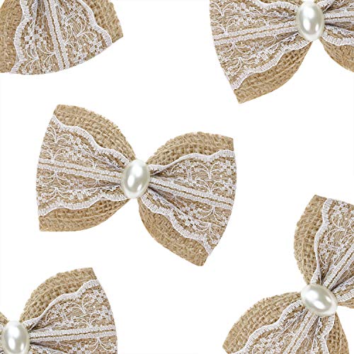 ONLYKXY 10 Pieces Jute Bow Knot, Burlap Bowknot with White Lace and Oval Beads