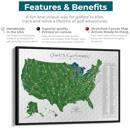 Image of Push Pin Travel Maps Top 200 Golf Courses USA Canvas - Personalized Golf Course Tracker with Pins, Framed Golf Wall Decor - White Float Frame - 34 inch x 51 inch