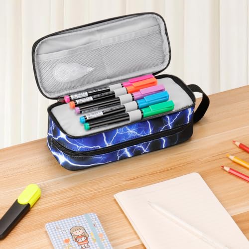 Image of Choco Mocha Boys Pencil Case for Kids, Soft Large Zipper Pencil Pouch for Boys with 2 Compartments Boy Pencil Case for School Lightning Pencil Bag, Blue