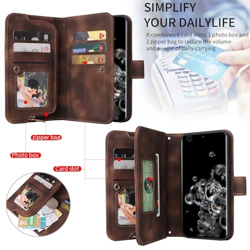 Image of Wallet Case for Samsung Galaxy S20 Ultra 5G with Wrist Strap Shoulder Strap,Zipper Pocket Multi Card Slot Wallet Cover,Seismic Protection S20ultra 20S S 20 A20 S2O 20ultra G5 Brown