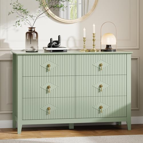 Image of GarveeHome Fluted Dresser for Bedroom, 47.2 Inch Wide 6-Drawer Wood Dresser, Modern Chest of Drawers, Storage Organizer Cabinet for Living Room, Hallway, Entryway, Green