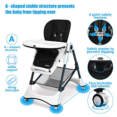 Infans High Chair With One-Hand Removable Tray, 4 Lockable Wheels & Large Storage Basket - Multi-Adjustable Height, Recline & Footrest, Removable Cushion, Foldable For Baby, Infant& Toddler #TOP4