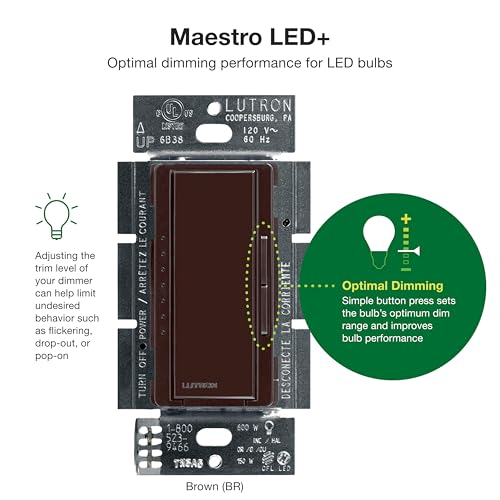 Image of Lutron Maestro LED+ Dimmer Switch for Dimmable LED, Halogen and Incandescent Bulbs, 150W /Single-Pole or Multi-Location, MACL-153M-BR, Brown