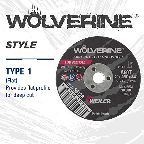 Image of Weiler 56128 2-Inch Cutting Wheel, Wolverine AO Steel /Metal Fast Cut, Value Cutting, 0.035 inch A60T Type 1 3 /8 inch Arbor (Pack of 100)