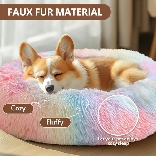 Image of JOLLYVOGUE Calming Dog Beds Large Sized Dog, 36in Donut Washable Large Pet Bed, Anti-Slip & Anti-Anxiety Fluffy Faux Fur Round Dogs Bed, Fits up to 80 lbs Pets (Rainbow)