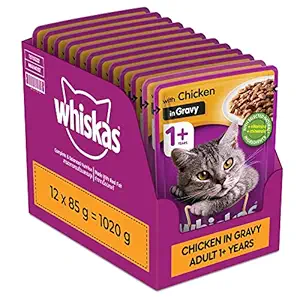 Whiskas Wet Food for Adult Cats, Chicken in Gravy Flavour, 12 Pouches (12 x 85g)