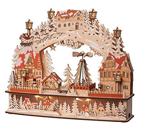 Wichtelstube-Kollektion XL Schwibbogen mit drehender Pyramide inkl. Trafo und Timer Schwippbogen mit Bewegung und Podest Unterbank Premium Holz 45 x 12 x 38cm