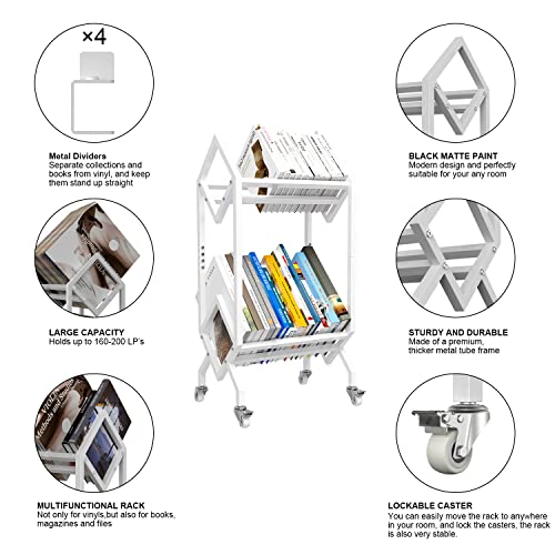 Vedecasa Bookshelf Book Cart Rack Industrial Metal Bookcase 2 Tier Holder With Wheels Modern Stylish Design Magazines Files Album Recipe Book Storage Organizer For Sofa End Bed Beside #TOP3