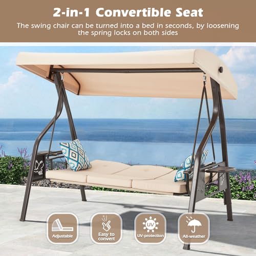 Image of ZZW 3-Seat Outdoor Porch Swing with Stand, Patio Swing with Canopy, 2 in 1 Porch Swing Bed & Patio Swing Chair for Adult, Yard Swing w /Extra Pillows and Cup Holder