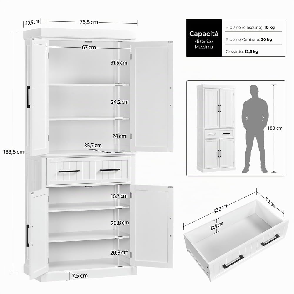 Yaheetech Credenza da Cucina Salvaspazio, Mobile Dispensa Alto Multiuso, Armadio da Soggiorno Bagno in Legno con 3 Ripiani Regolabili e 1 Cassetto 183.5x76.5x40.5 cm, Bianco
