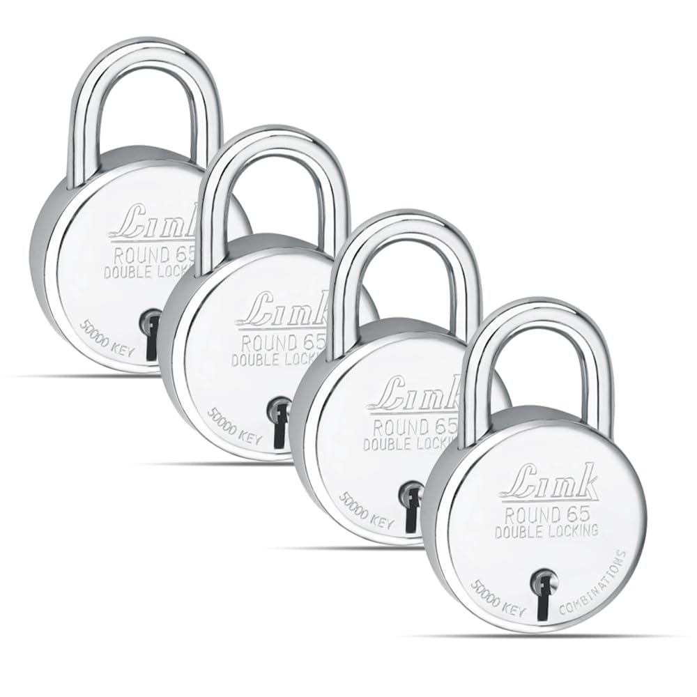 Brass S Round 65Mm_Double Locking Padlock (Silver, Pack of 4) Made in Aligarh.