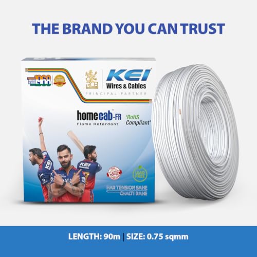 Image of KEI WIRES & CABLES Homecab 0.75 sqmm 1 Core Copper Flame Retardant House Wire PVC Insulated Cable for Domestic & Industrial Electrical Wiring (White, 90 Meters)