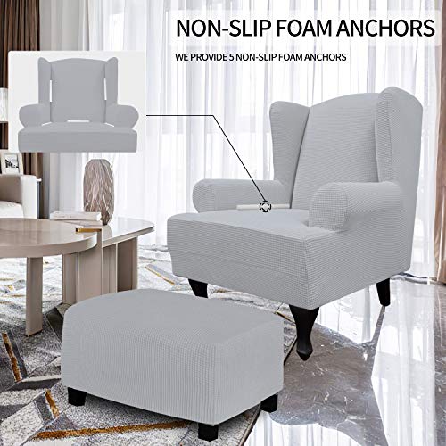 Image of Easy-Going Stretch Large Wingback Chair Sofa Slipcover Silver Gray | 1-Piece Sofa Cover Furniture Protector Couch Soft with Elastic Bottom, Spandex Jacquard Fabric Small Checks