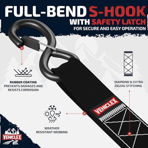Image of Vehiclex 1.5 inch x 8' Motorcycle Ratchet Tie Down Straps, 4 Pack, Black | 4,400 lbs Break Strength, Full Bend S Hooks with Safety Clips, Soft Loops, for Powersports
