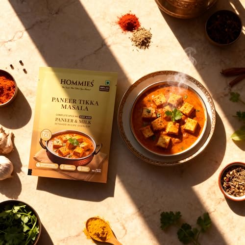 Image of Hommies Dhaba Style Jain Paneer Tikka Masala Curry Spice Mix | No Onion No Garlic | Ready to Cook in 15 Mins | Just Add Paneer & Milk | Authentic Jain Curry Masala | Serves 4 | No Preservatives | Pack of 4 (200g, 50g Each)