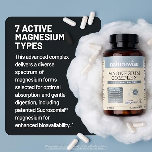 Image of NatureWise Magnesium Complex 500mg - 7 Type with Magnesium Glycinate, Citrate, Malate, Sucrosomial & More - Added L-Theanine - Sleep, Heart Function, & Muscle Support - 60 Capsules[30-Day Supply]