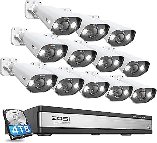 ZOSI 12pcs 5MP POE Security Camera System with Two-Way Audio,8MP 16Channel NVR with 4TB HDD for 24/7 Recording,Night Vision,Person/Vehicle Detection,Sound&Light Alert