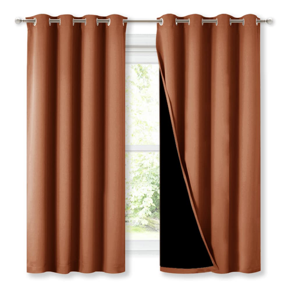 NICETOWN Burnt Orange 100% Blackout Lined Curtains, 2 Thick Layers Completely Blackout Window Treatment Thermal Insulated Drapes for Kitchen/Bedroom (1 Pair, 52" Width x 63" Length Each Panel)
