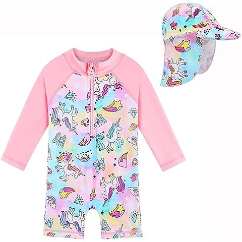 Toddler Girls One Piece Rash Guard Swimsuit Kid Swimwear Sun Suit Short UPF 50+ Sun Protection with Sun Hat Cover