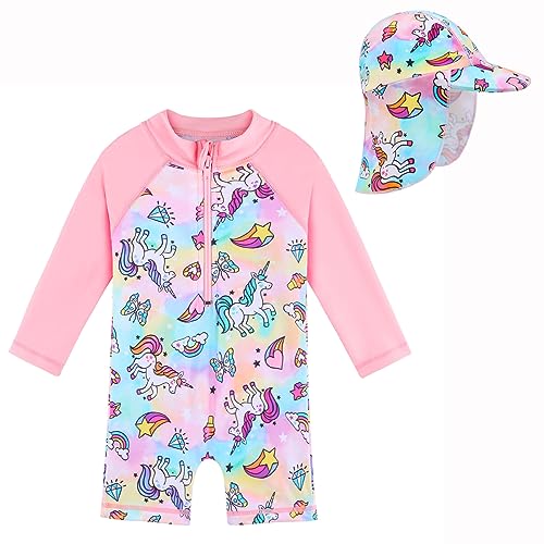 Toddler Girls One Piece Rash Guard Swimsuit Kid Swimwear Sun Suit Short UPF 50+ Sun Protection with Sun Hat