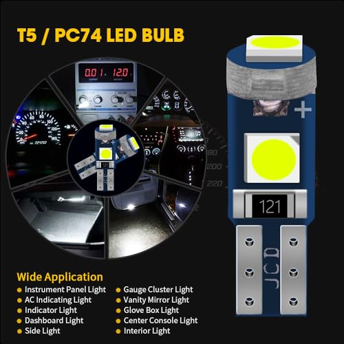 T5 74 LED Light Bulbs Dash Dashboard Instrument Cluster 37 73 PC74 PC37 2721 Gauge Wedge Twist Socket Car Indicator Panel Parts Interior Replacement 12V Ice Blue Pack of 10