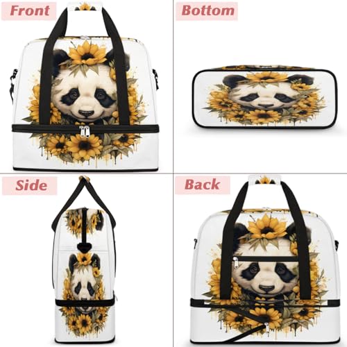Travel Duffel Bags Flower Panda Foldable Weekender Bags for Women with Shoes Compartment Waterproof & Tear Resistant Carry on Overnight Luggage Duffel Bag Shoulder Sports Tote Bag3