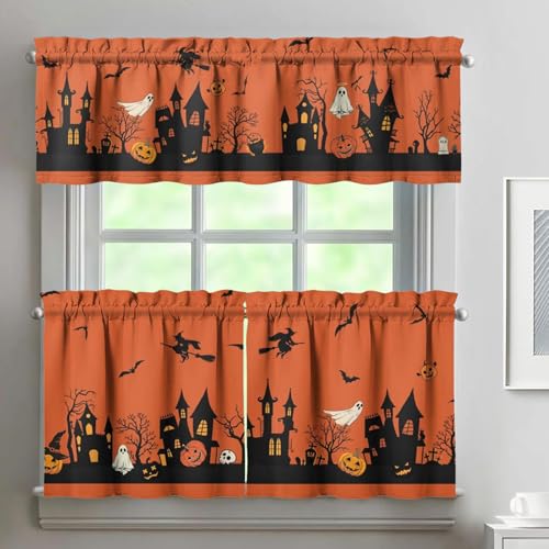 qwpmvhsak Halloween Kitchen Curtains and Valances Set of 3 Orange Pumpkin Ghost Bat Decor Horror Halloween Curtains and Valances Short Curtain Set for Kitchen Bedroom Decor 24 Inch