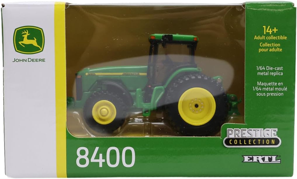 Збоку view of the John Deere 8400 Prestige Collection Toy, showing the detailed tractor out of its box.