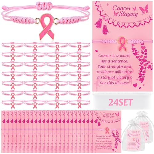 LUYI 24 Set Breast Cancer Awareness Bracelets with Card Adjustable Cord Pink Ribbon Braided Bracelets Breast Cancer Awareness Accessories Party Favors Items Gifts for Women