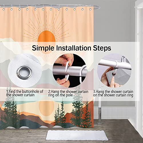 Boho Abstract Shower Curtain Sun Mountain Abstract Minimalist Shower Curtains Mid Century Modern Aesthetic Fabric Shower Curtain With Hooks 72"X72" Bohemia Terracotta Nature Landscape Shower Curtains #TOP4