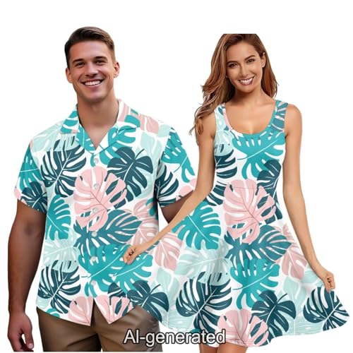 Image of Dreaweet Summer Dresses for Women A-Line Sleeveless Flowy Sun Dresses,Men's Casual Button-Down Shirts,Couple Matching Outfits