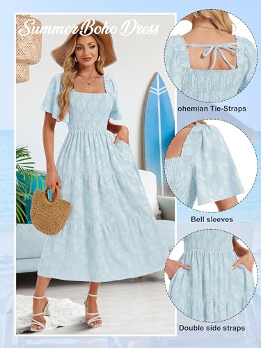 Image of Women's Summer Dresses 2025 Casual Maxi Dresses Boho Floral Short Sleeves Square Neck Beach Vacation with Pockets