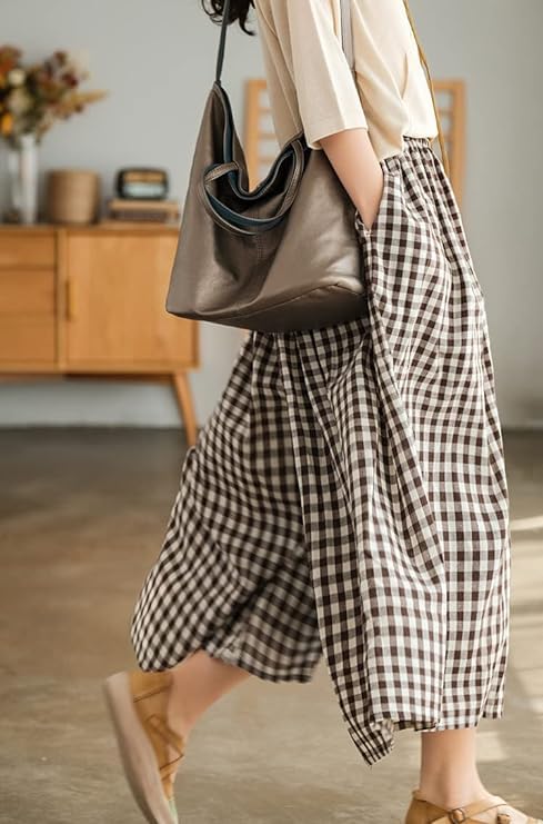 Women Plaid Wide Leg Pants Elastic Waist Gingham Palazzo Trousers Culottes Casual Flowy Cropped Pants with Pockets2