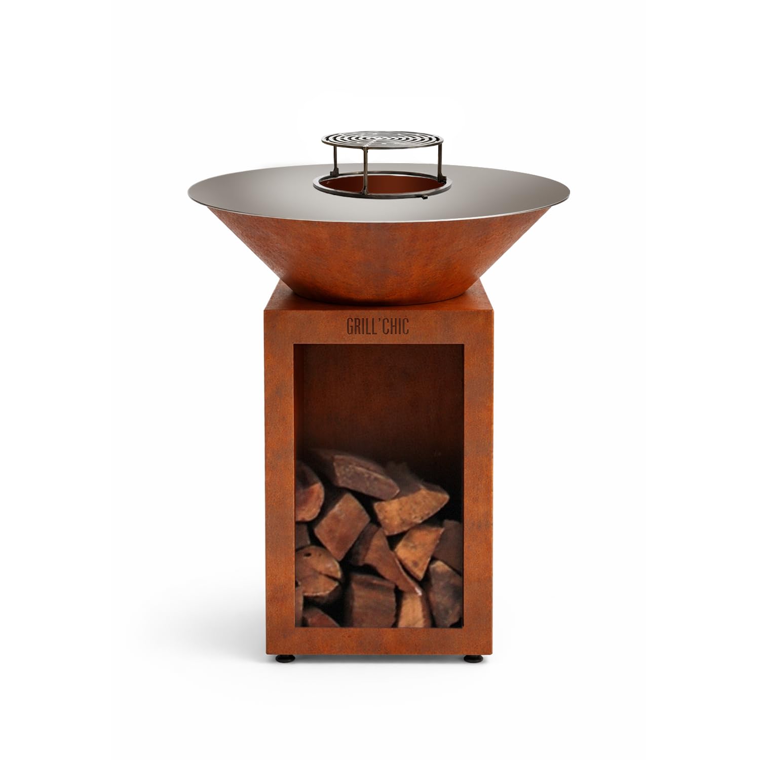 GRILL'CHIC - Pack Privilège Brasero Auvergnat Corten Bois Rond - Simple Cuve - Avec Bâche + Grille + Stop Food Inclus - À Assembler - Fabriqué en France - Ø60 x 78 cm