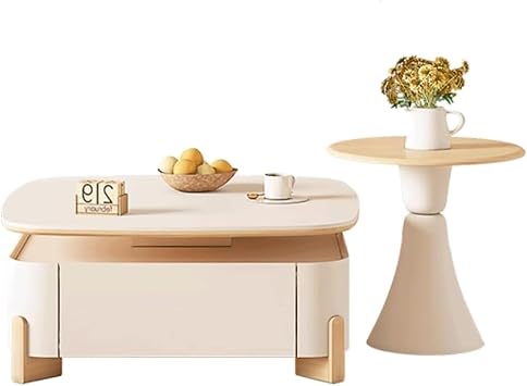 BKEKM Modern Coffee Table Round Nesting Center Table with 2 Drawers Stone Top Tea Tables Square Accent Table Small End Table Set of 2
