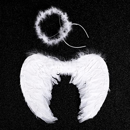 3 Pcs Angel Costumes For Kids Girls Set Fairy Dress Angel Feather Wings And Headband For Halloween Dress Up Cosplay (4-6 Years) #TOP3