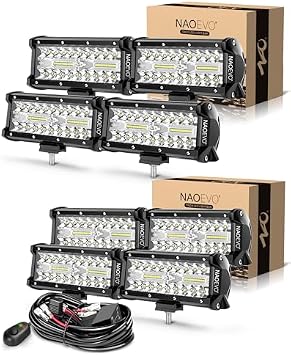 NAOEVO 7 Inch LED Light Bar, LED Fog/Driving/Off Road Lights 8-Pack, with 4 Leads Wiring Harness
