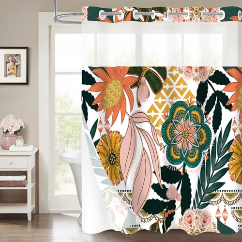 MitoVilla No Hooks Needed Boho Floral Shower Curtain Set with