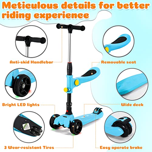 3 Wheel Kids Kick Scooter, 2 In 1 Toddler Scooter For Kids Ages 3-5, Foldable Mini Scooter With Adjustable Height, Removable Seat, Lighted Up Wheels And Anti-Slip Deck For Boys & Girls Aged 3-8,Blue #TOP4